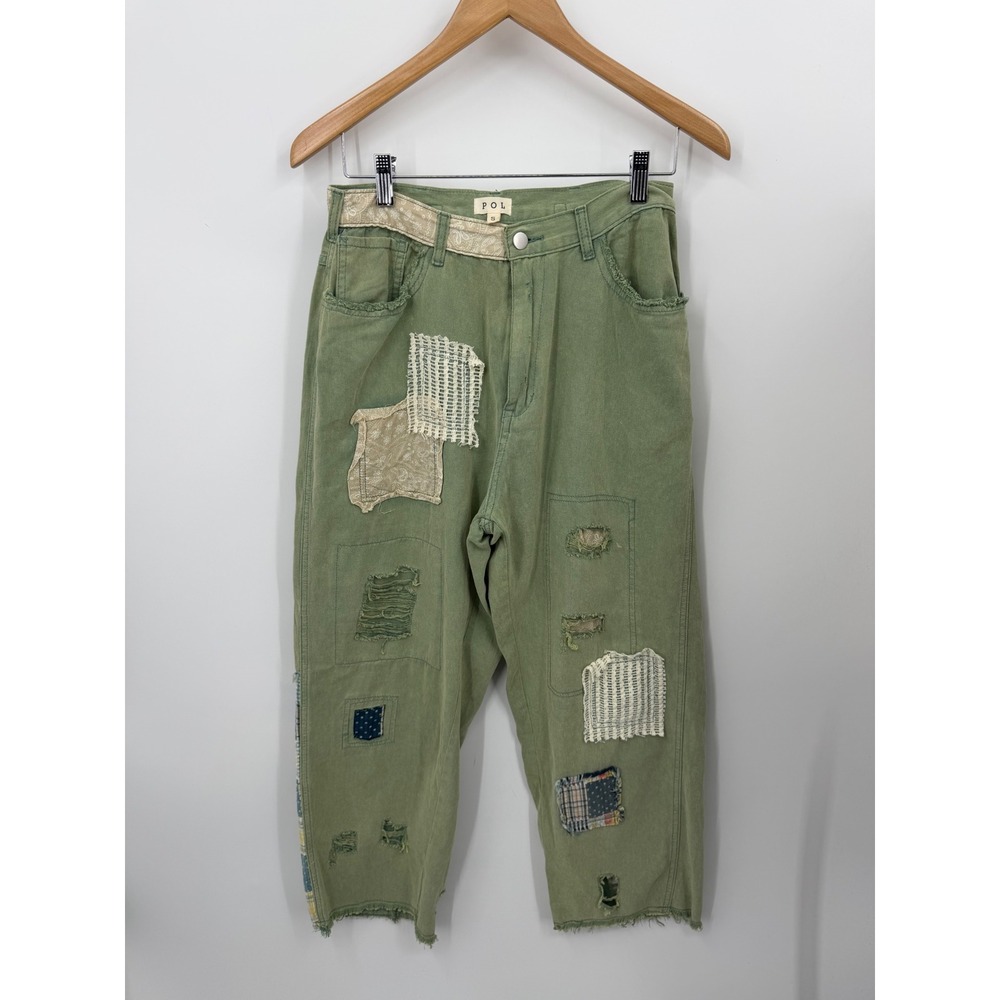 POL FWP100 Patchwork Distressed Pants Women Small Green Boho Frayed Hem
